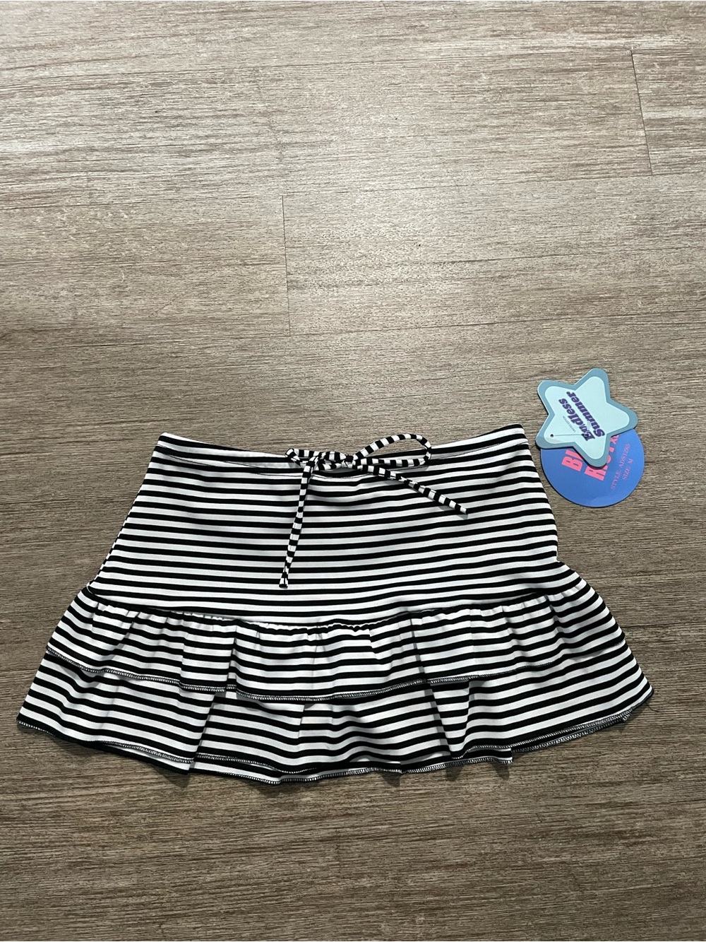 Striped Black & White Ruffle Mini Skirt - Casual Tie Waist